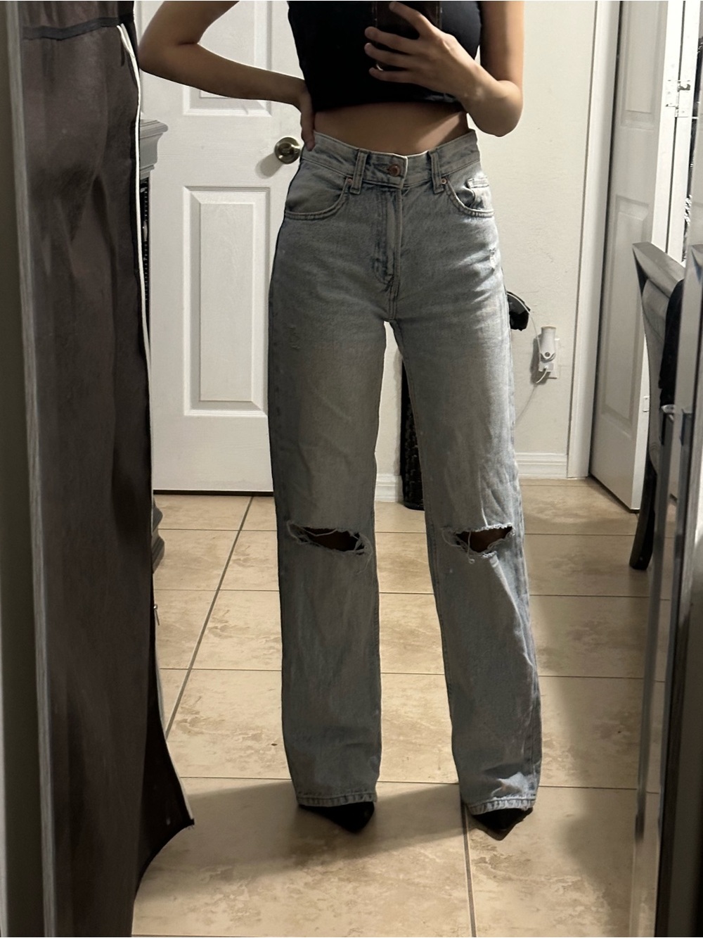 Bershka High-Rise Light Gray Distressed Straight Jeans